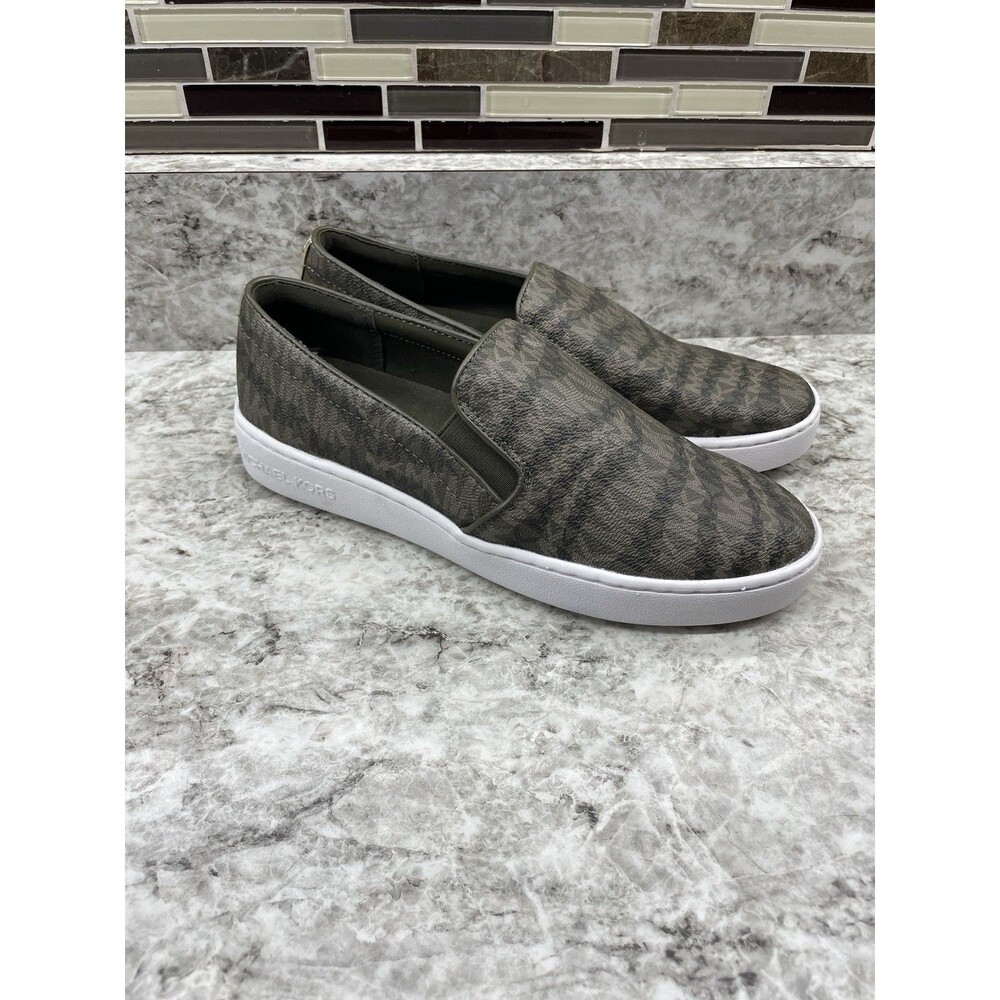 Michael Kors Keaton Slip On Sneakers MK Signature Olive Green Size 7.5 EUC